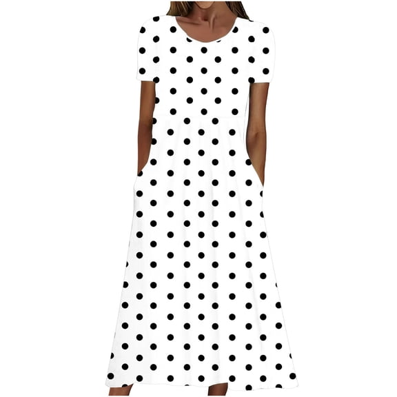 jtjvou Dress for Women Summer Crew Neck Short Sleeve Sundress with Pockets Casual Vacation Loose Fit Midi Dresses Home Wear White XL