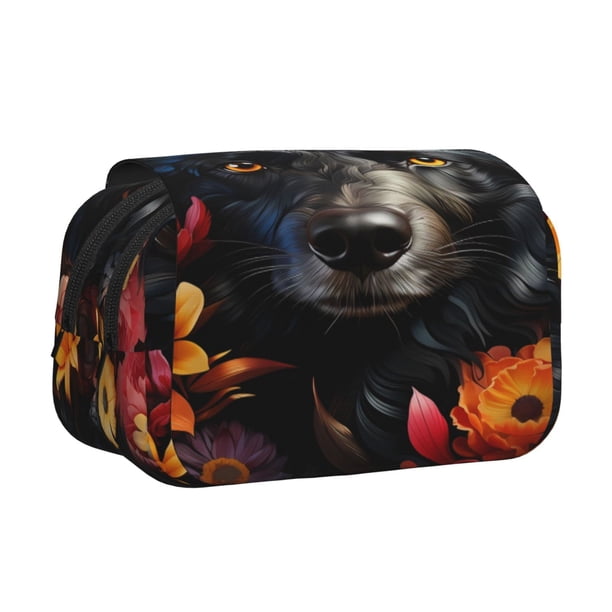 Disketp Colorful Floral Black Dog Estuche de Lápices de Doble Capa con Tapa Abatible y Cremallera, Organizador Escolar para Adolescentes y Adultos