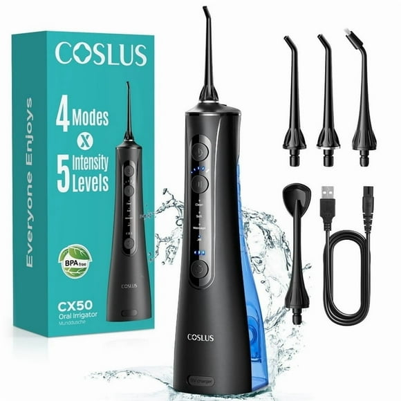 COSLUS Irrigador bucal portátil recargable con agua, 4 modos y 5 intensidades, ideal para viajes y hogar, color negro