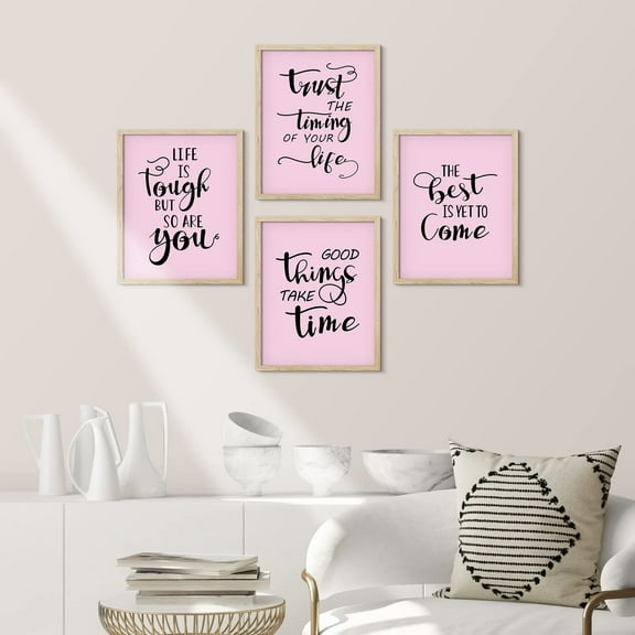 PixonSign Framed Wall Art Inspirational Motivational Collection Posters, Set of 4 Classic Typography Word Illustrations Wall Decor, Adhesive Canvas Prints for Home Decor - 8"x10" Natural