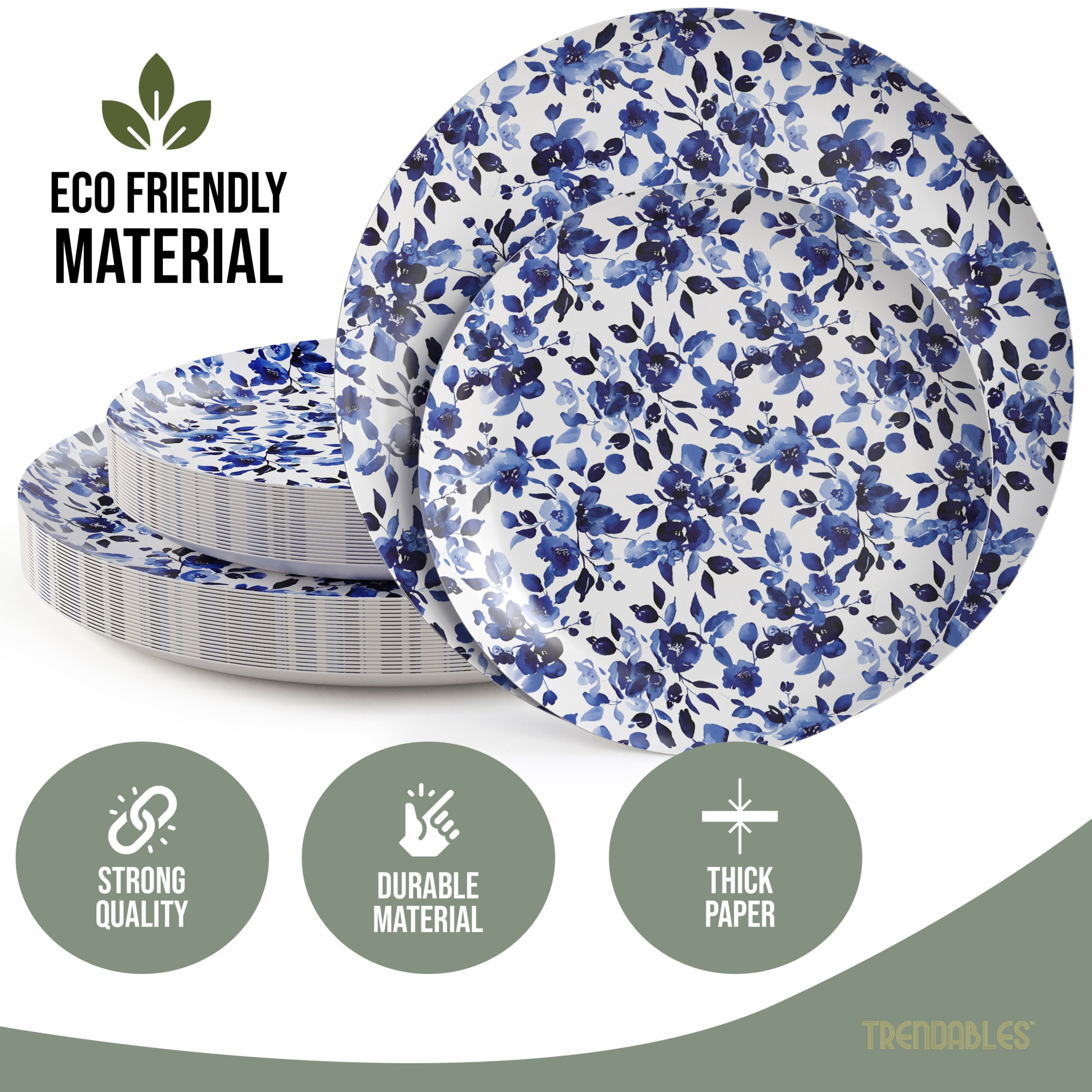Crown Display Heavy Duty Paper Plates Set for 32 Guests, 64 Fancy Disposable Plates, Bluebelle