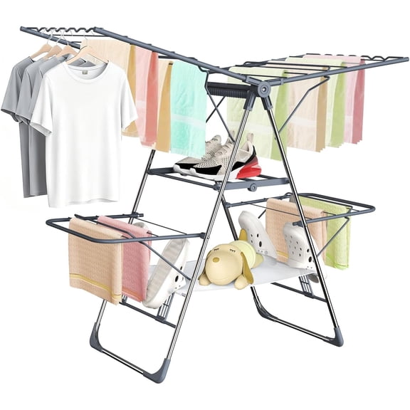 Clothes Drying Rack, Foldable 2-Level Laundry Drying Rack for Clothes,Stainless Steel Drying Rack Clothing Collapsible for Indoor Outdoor,with Height-Adjustable Wings