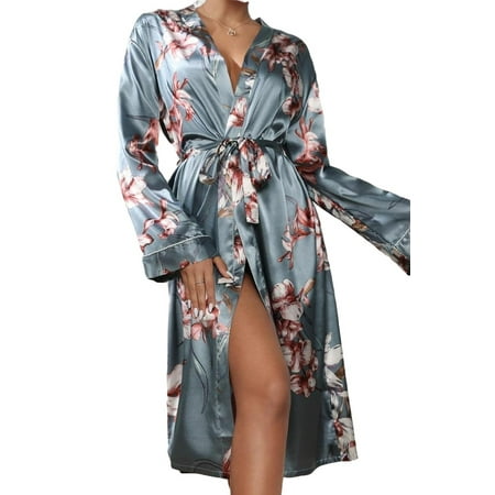 

Elegant Floral Print Long Sleeve Dusty Blue Womens Robes (Women s)