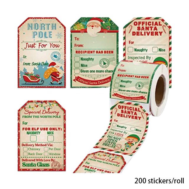 Christmas Self-Adhesive Sticker Labels 200PCS, Kraft Paper Gift Tags for Wrapping Packages Cards, Festive Designs