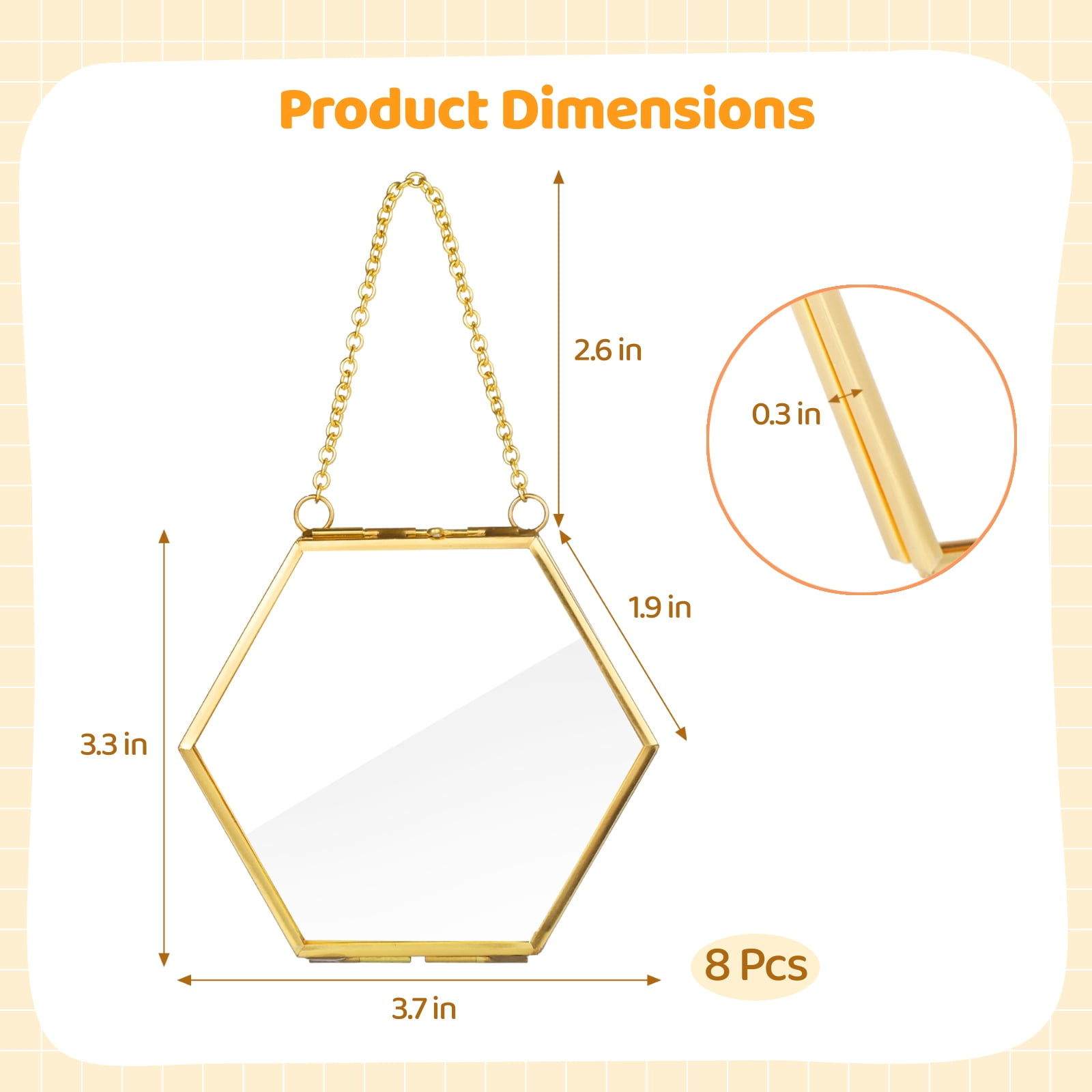 8 Pcs Hexagonal Glass Floating Frames – Gold Metal Pressed Flower Frames with Chains, Hanging Double-Sided Display for Dried Flowers, Photos & DIY Crafts