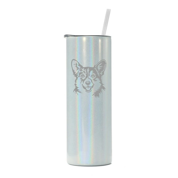 20 oz Skinny Tall Tumbler Stainless Steel Vacuum Insulated Travel Mug Cup With Straw Gift Corgi Face (White Iridescent Glitter)