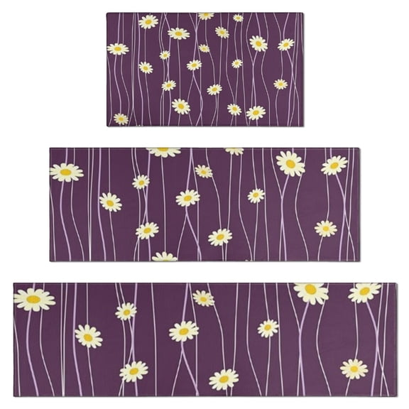 Purple Daisy Flower Wavy Lines Pattern Kitchen Rugs Sets Of 3,Kitchen Runner Rugs Non Skid Washable,Decorative Kitchen Floor Mats for Kitchen,Sink,Laundry,17"x30"  17"x47"   17"x59"