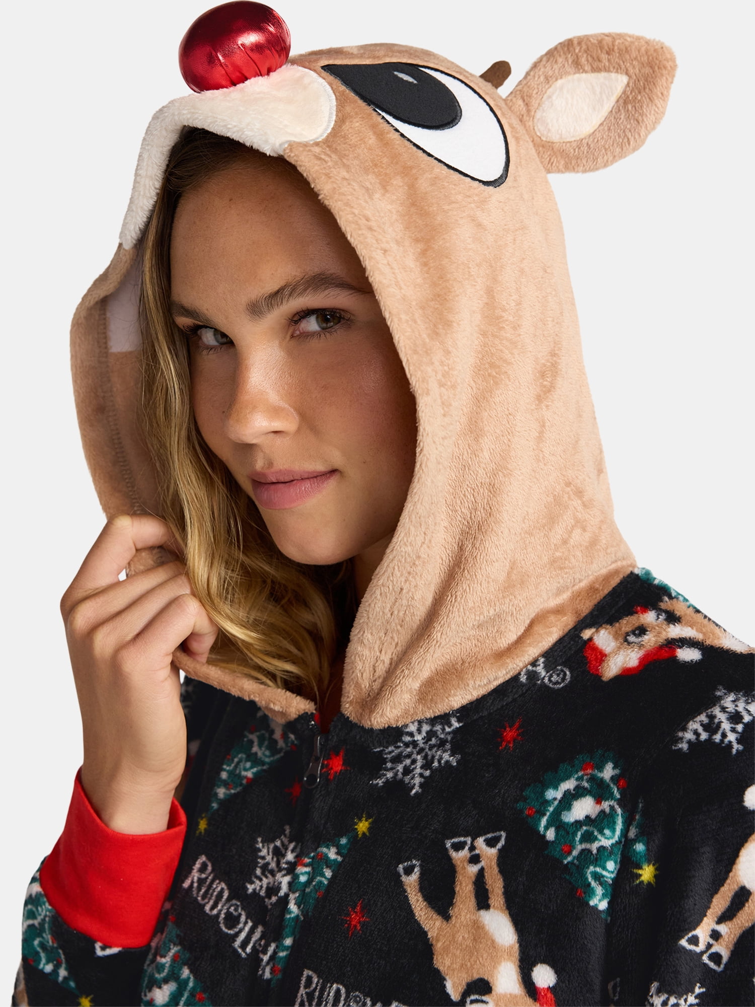 Rudolph Women's and Women's Plus Super Minky Union Suit Pajamas with Hood, Sizes XS-3X