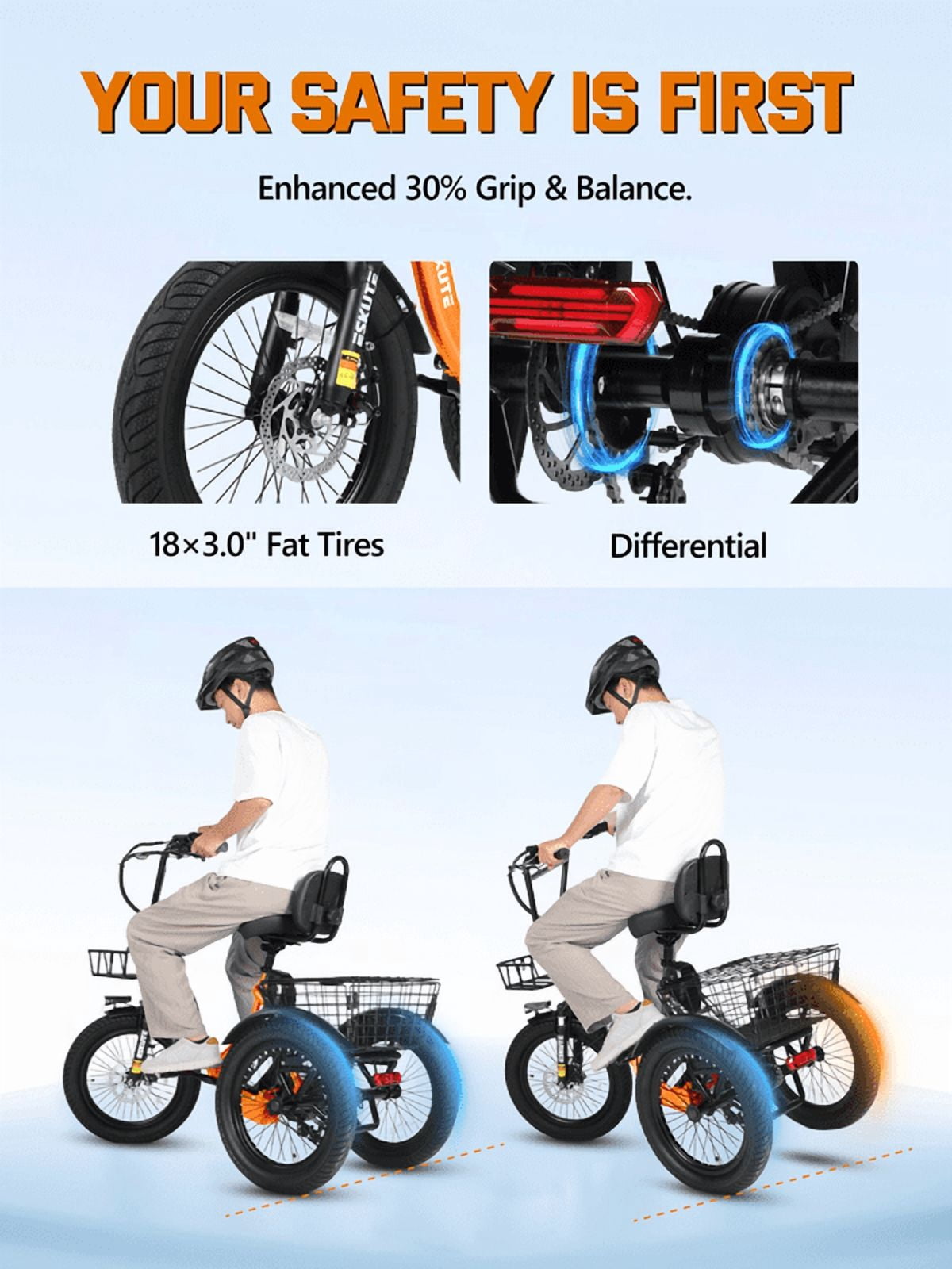 ESKUTE Electric Tricycle for Adults, 1200W Peak Motor, Up to 55 Miles Range, 624Wh Removable Battery, Folding 3-Wheel Ebike with 18x3.0 Fat Tires, Step-Through Orange, UL2849