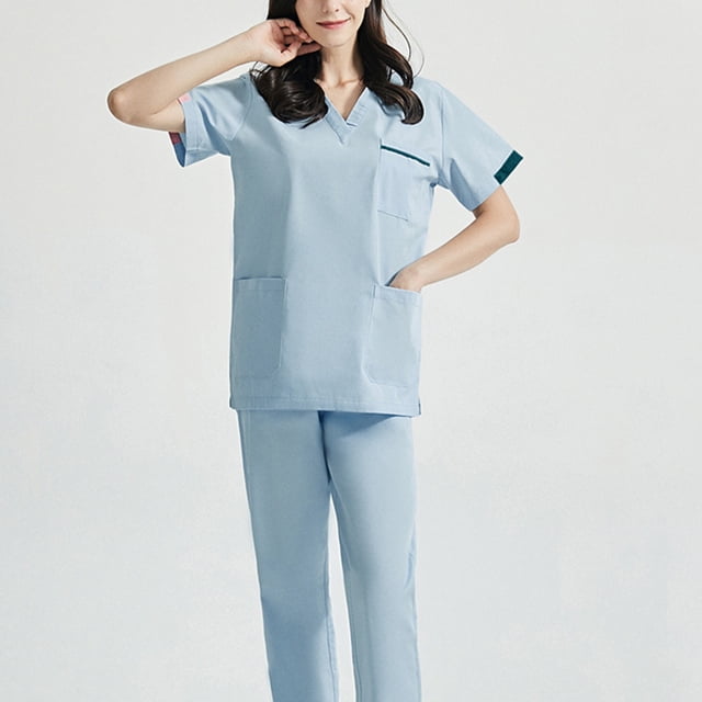 LSLJS Ensemble de Tenue Protectrice à Manches Courtes pour Femmes, Couleur Unie avec Poche, Sarraus pour Femmes Grande Taille