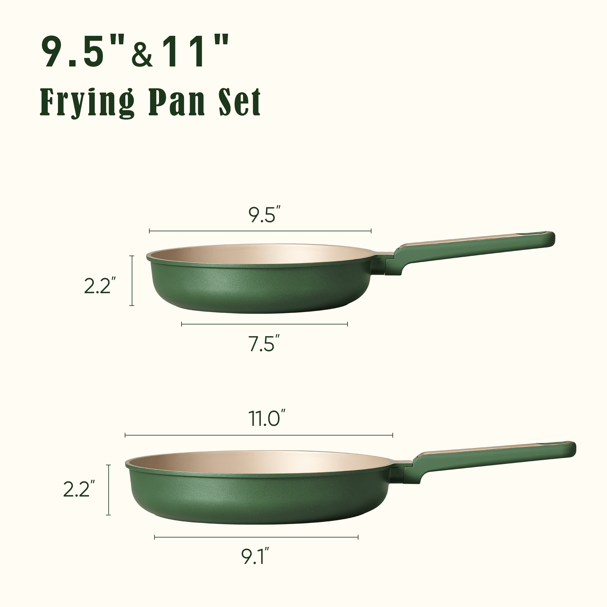 Carote Nonstick Frying Pan Set, 9.5" & 11" Skillets, Induction Compatible, Easy to Clean, Green