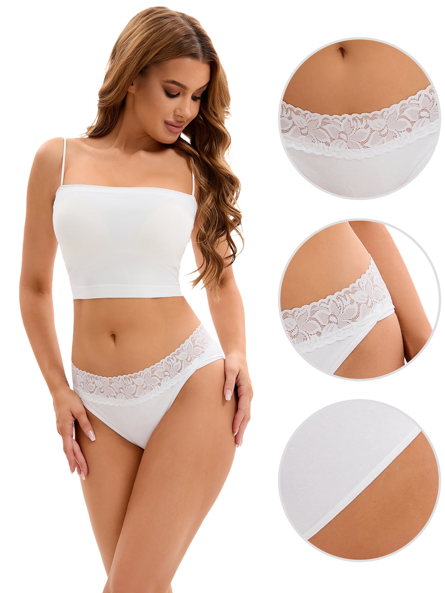 DARING DIVA Women's Full Coverage Hipsters Panties Hi-Cut Lace Trim Briefs White M