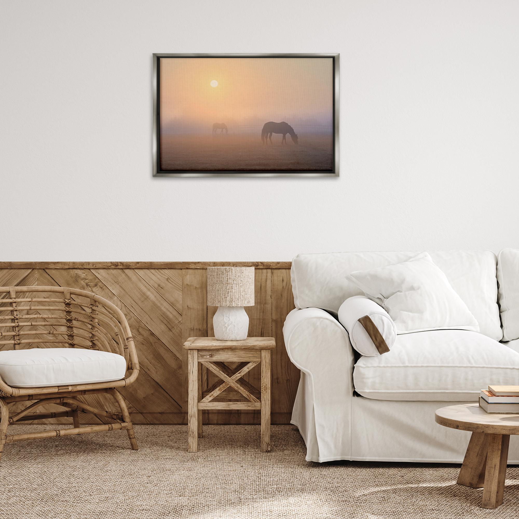 Stupell Industries Misty Sunlit Horses Landscape & Nature Photography Gray Floater Framed Canvas Art Print Wall Art, 31 x 21