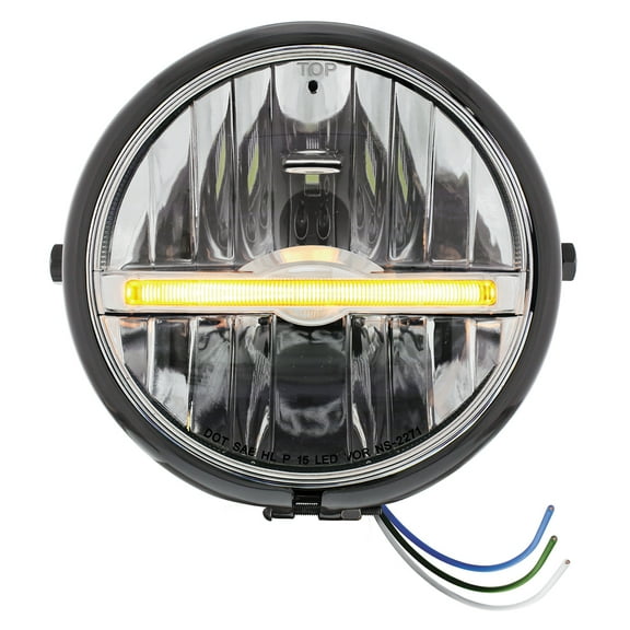 Black 5-3/4" Motorcycle Headlight 9 LED Bulb With Amber LED Light Bar - Side Mount