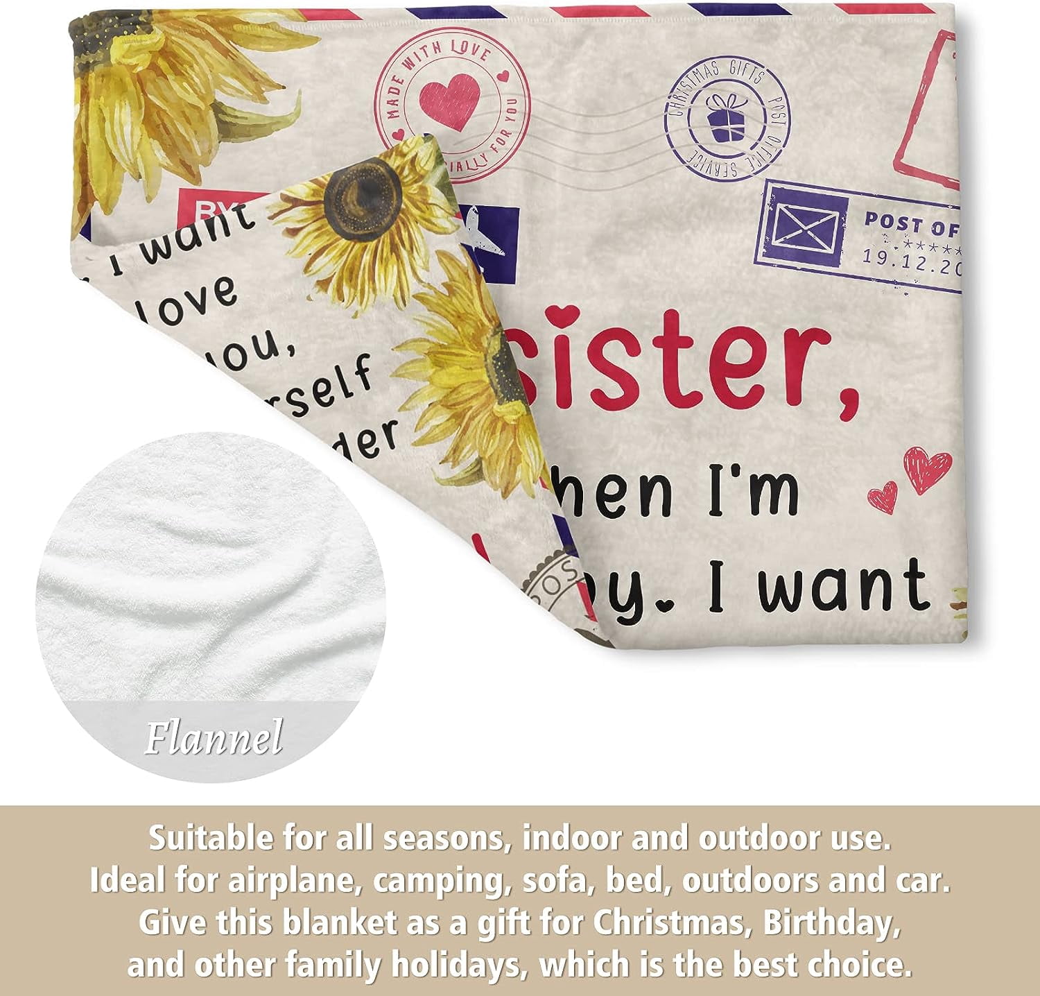 Sister Birthday Gifts, Sister Gifts Blanket, Sisters Gift from Sis, Present for Sisters on Mothers Day, Christmas, Dear Sis Airmail Throw Blanket