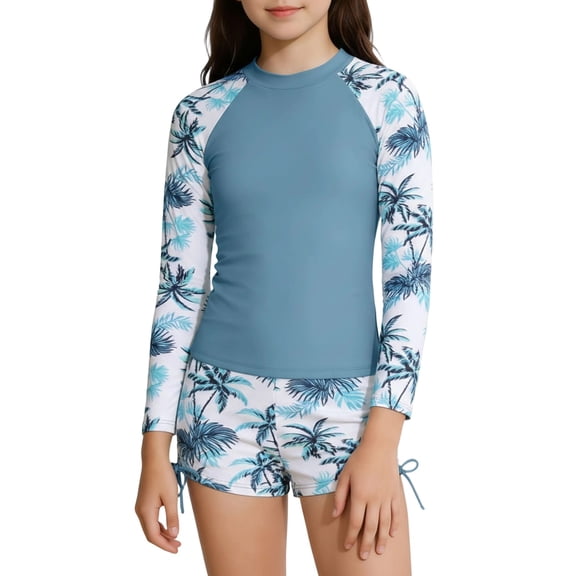VNKIDY Girls Two Piece Swimsuits Set Kids Crewneck Neck Long Sleeve Slim Fit Top Floral Print Swim Shorts Bathing Suit Outfit For Summer Beach Wear Soft Swimwear Light Blue 13-14 Years