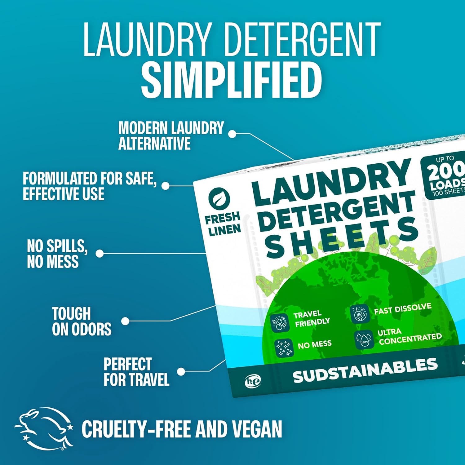 Laundry Detergent Sheets 200 Loads – Dissolvable Laundry Sheet for Washing Machines, Compact Alternative to Liquid & Powder Detergent, Travel-Friendly Soap | Fresh Linen