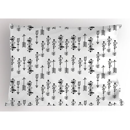 African Pillowcase - Tribal Pillow Sham Hand Drawn Sketchy Image with Ethnical African Inspired Shapes Arrows Print, Decorative Standard Size Printed Pillowcase, 26 X 20 Inches, Black and White, by Ambesonne