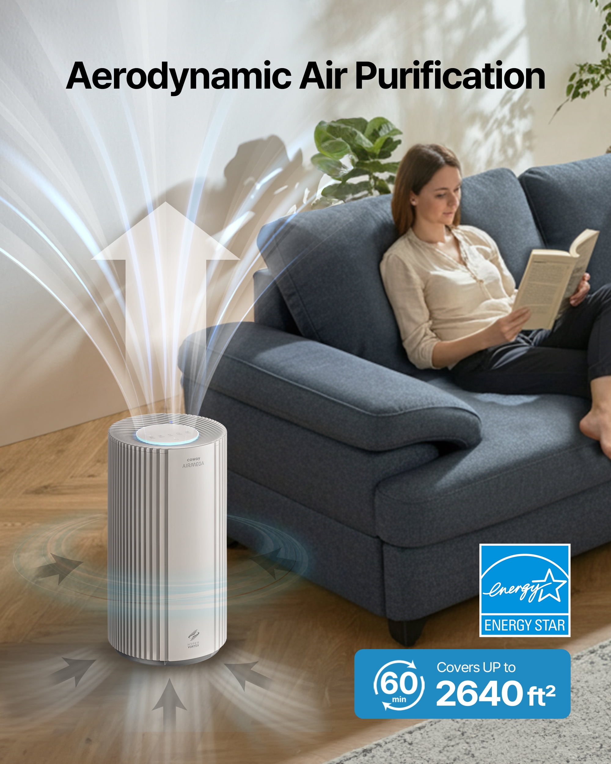 COWAY Air Purifiers for Large Room Whole Home Up to 2,640 ft², True HEPA Filter for Smoke, Allergies, Pet Dander, Odor, PM 10 AQI, Turbo Eco Mode, Timer, Energy Star, 3yr Warranty, Airmega 350 White