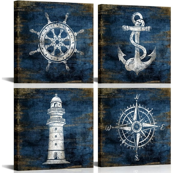 Nautical Canvas Wall Art Navy Blue Boat Anchor Paintings Helm Drawing Compass Lighthouse Rustic Style Beach Home Decor Ready to Hang for Bathroom Living Room 12x12 Inchx4 Panels
