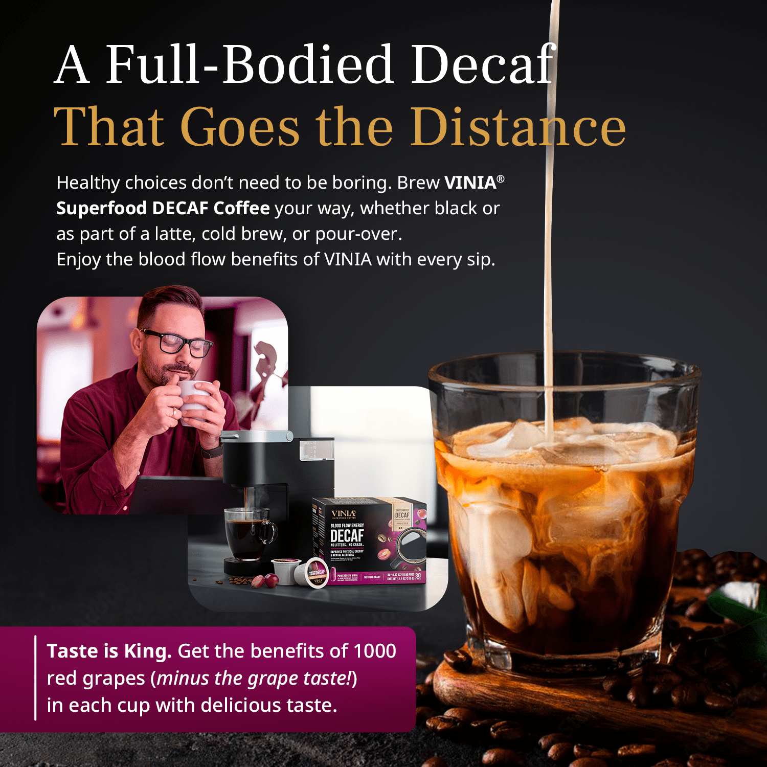 VINIA Blood Flow Energy DECAF Coffee Pods - Medium Roast Superfood, Swiss Water Decaf, Powered by Red Grape Piceid Resveratrol, Keurig Compatible, Caffeine Free, 60 Count