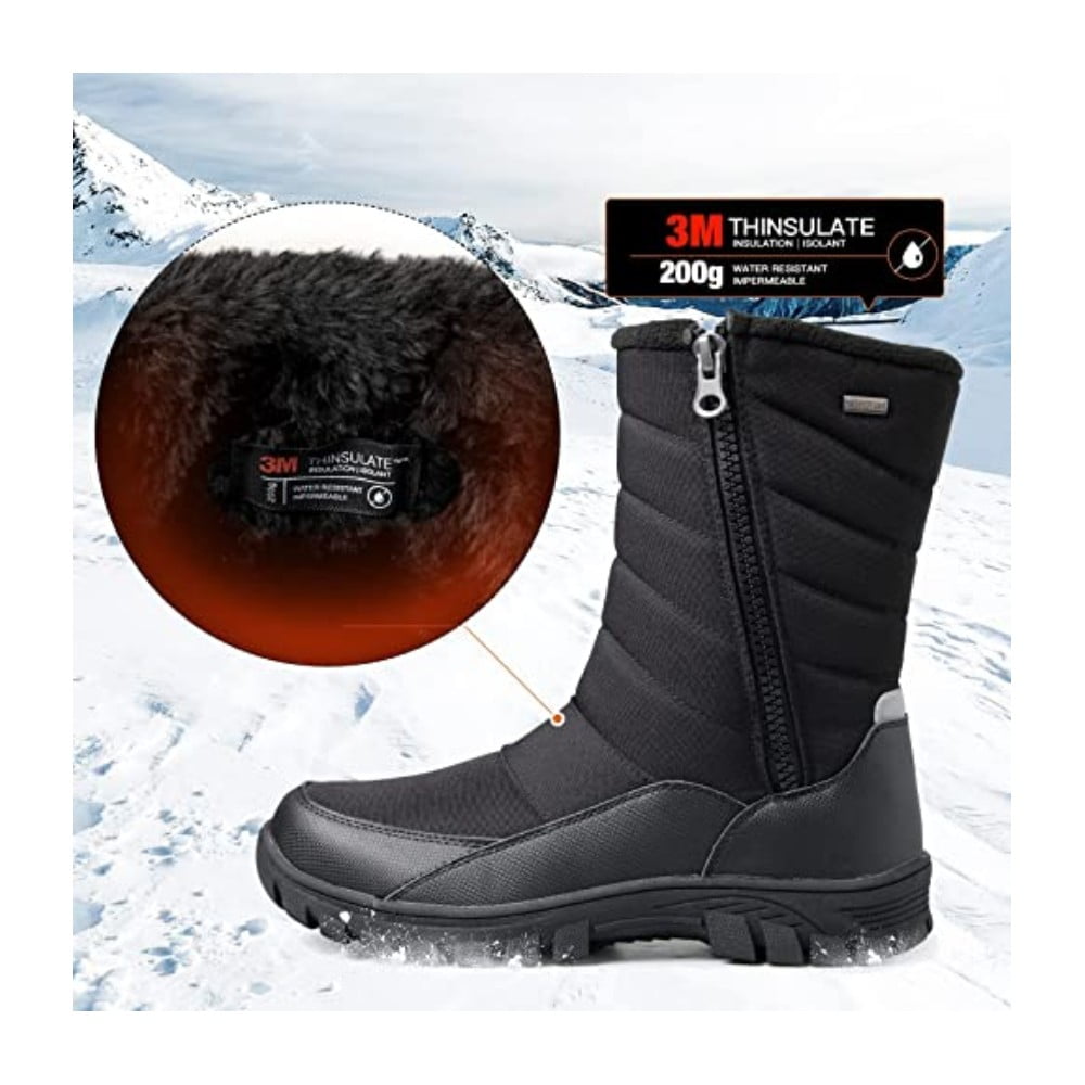 Men's Hiking Snow Boots Black Mid-Calf Insulated Boot Faux-Fur Lined 10M