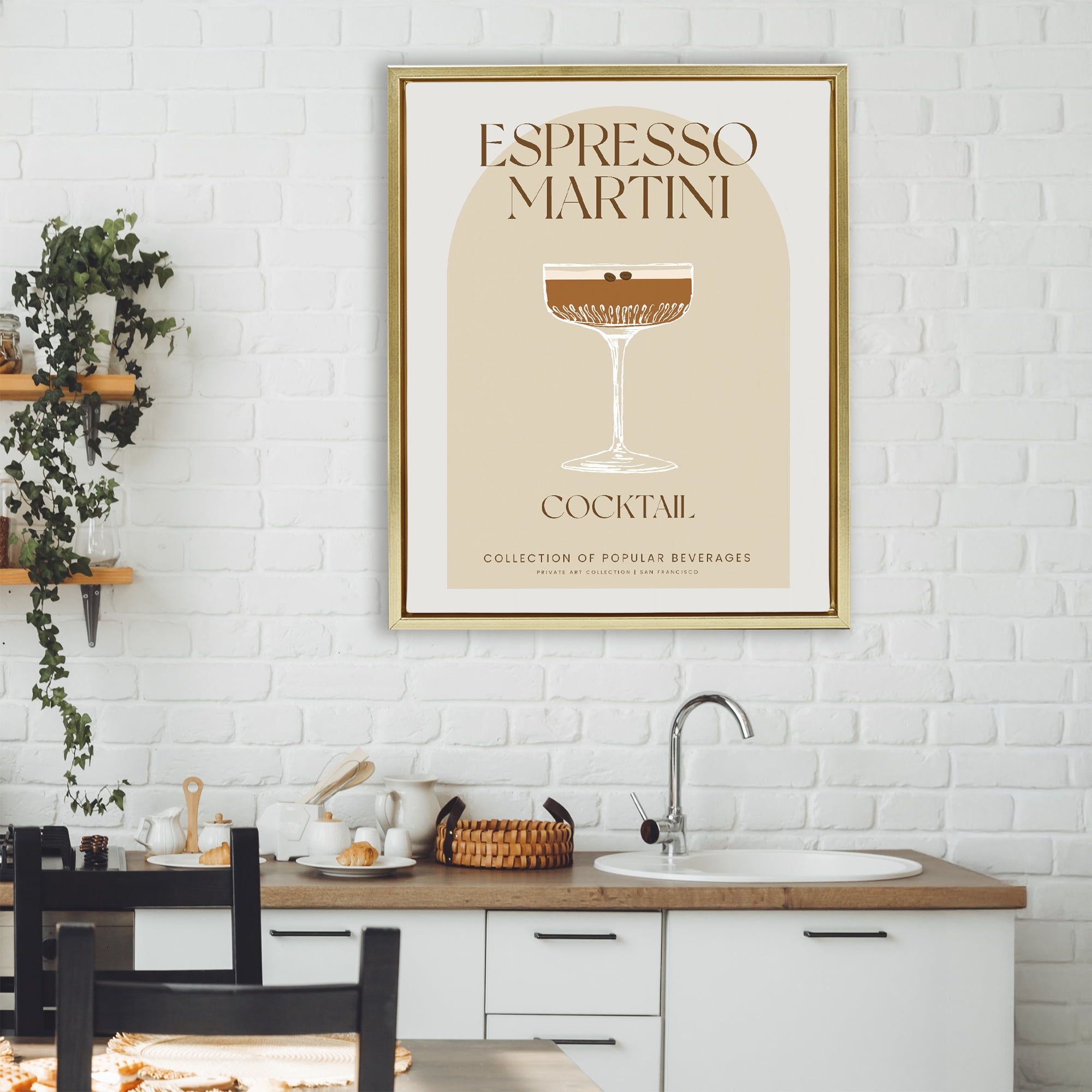 Stylish Retro Espresso Martini Gold Framed Floater Canvas Wall Art, design by Lil' Rue