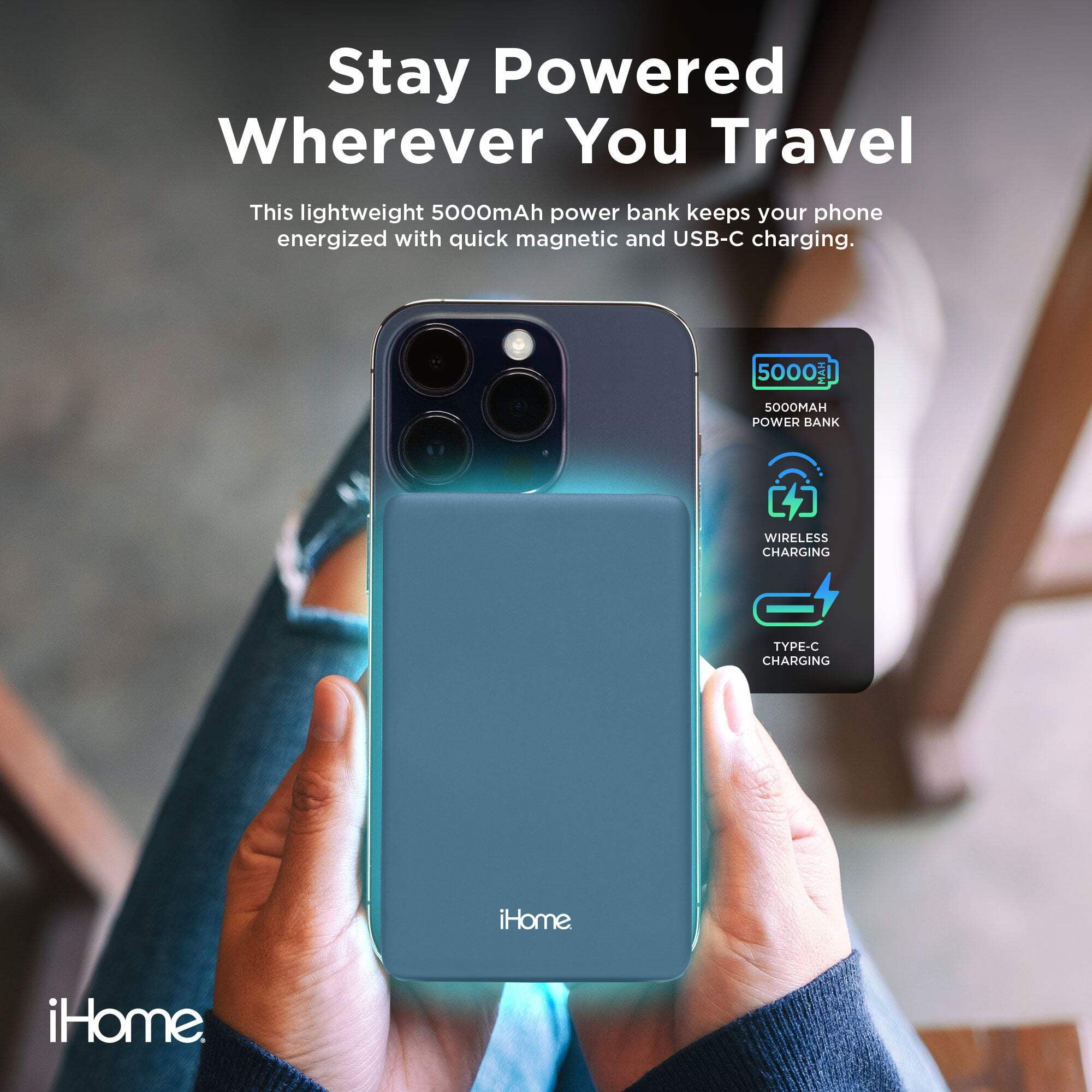 iHome 5000mAh Magnetic Portable Power Bank, Wireless Charging, USB-C Input/Output, MagSafe Compatible for iPhone 12 & Newer