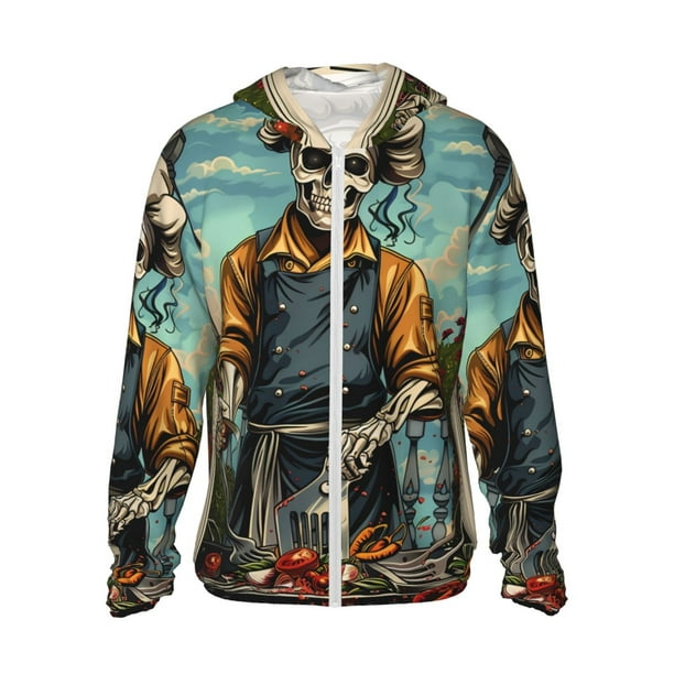 Balery Skeleton Chef BBQ Scene Sudadera ligera de manga larga con capucha y protección solar UPF 50+ para hombre y mujer, ideal para pesca y running-3X-Large