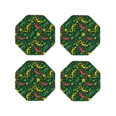 

Leather Coasters Set of 4 - Abstract Cute Lizard Gecko Leaves Lightweight Non-Slip Drink Coasters for Desk Anti-Scalding Desk Cup Coasters for Office Table Decor Octagon