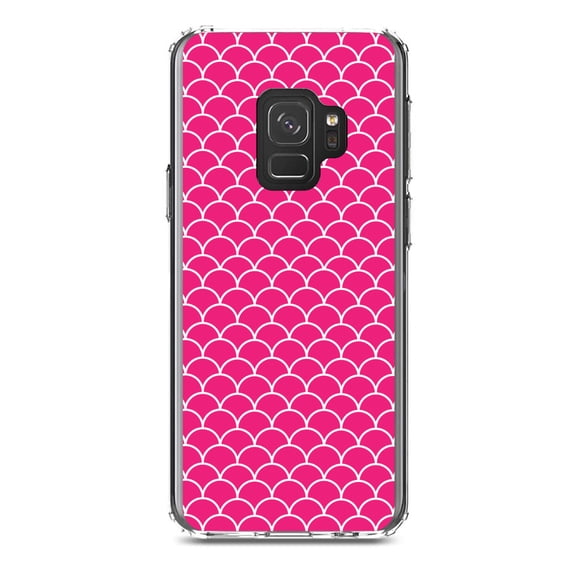 DistinctInk Clear Shockproof Hybrid Case for Samsung Galaxy S9 (5.8" Screen) - TPU Bumper, Acrylic Back, Tempered Glass Screen Protector - Hot Pink White Scalloped Pattern