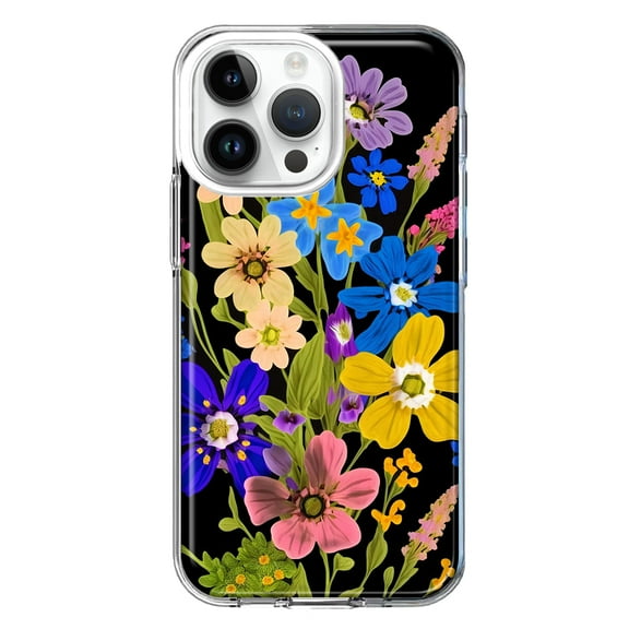 MUNDAZE Case for Apple iPhone 15 Pro Max Slim Hard Shell Soft TPU Hybrid Shockproof Heavy Duty Protective Phone Cover - Blue Yellow Vintage Spring Wild Flowers Floral