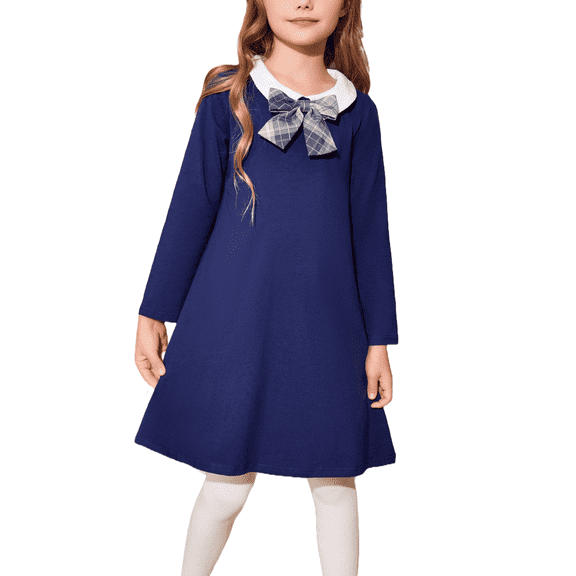 Oudiya Kids Navy Blue Vintage Long Sleeve T-Shirt Dress with Peter Pan Collar for girls 4-13 Years
