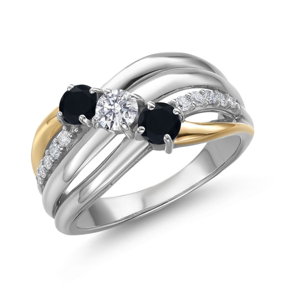 Gem Stone King 925 Silver and 10K Yellow Gold Black Onyx and Lab Grown Diamond Engagement Ring for Women | 0.86 Cttw | Round 4MM | December Birthstone | Size 7
