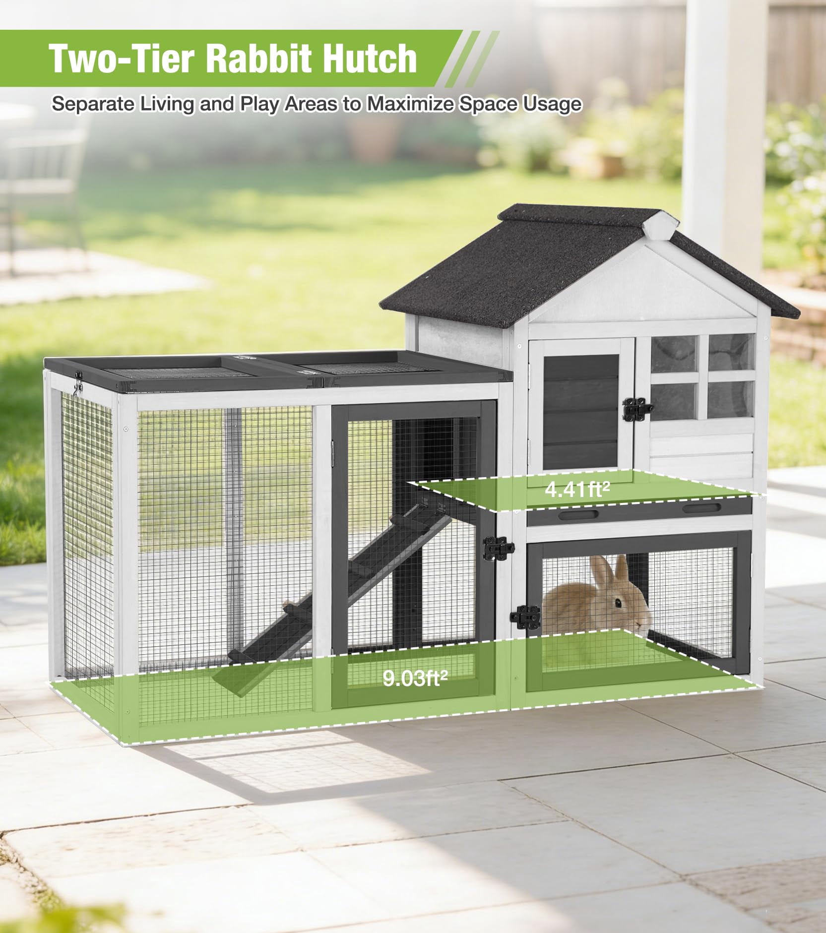 Aivituvin Rabbit Hutch Outdoor Rabbit Cage Indoor 51.6" L Waterproof Bunny Cage with Chew-Proof Ramp and Lockable Doors for Indoor Outdoor Use Black and White