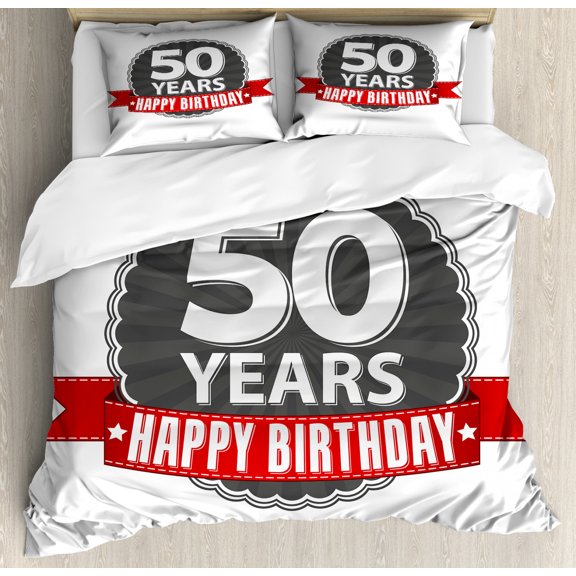 50th Birthday Duvet Cover Set, Retro Style Red Ribbon in Classical Old Fashioned Celebratory Design, Decorative 3 Piece Bedding Set with 2 Pillow Shams, Queen Size, Grey Red White, by Ambesonne