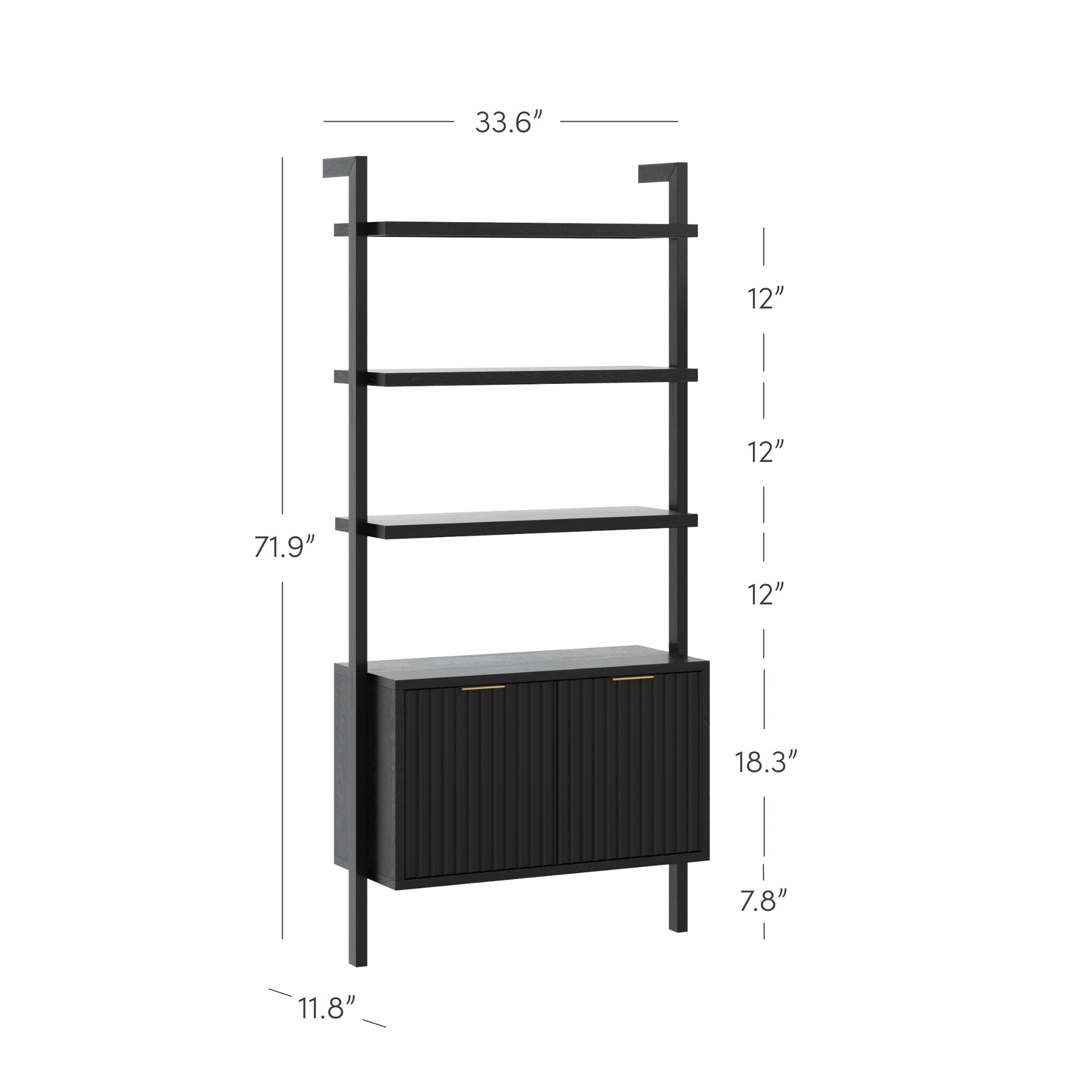 Nathan James Jasper 3-Shelf Solid Wood Boho Bookshelf, Wall Mounted Bookshelf with Cabinet with Fluted Doors, Black Oak