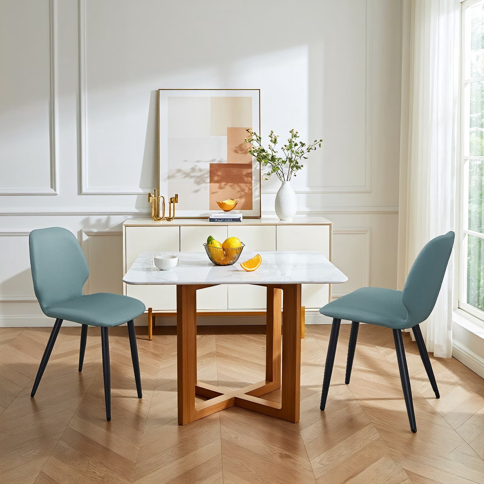 Faux Leather Dining Chairs Set of 2, Green Shell Back Upholstered Kitchen Chairs with Metal Legs, Modern Armless Side Chairs for Dining Room, Restaurant, Living Room & Meeting Room