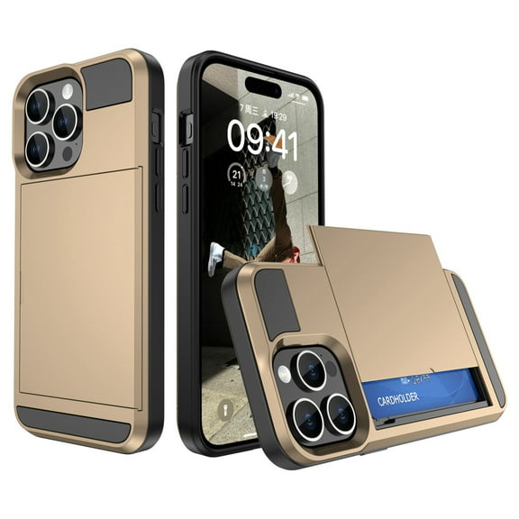 Decase for Apple iPhone 15 Pro Rugged Cover,With Slide Card Slots Wallet Case Shockproof Dual Layer Hybrid Protective Phone Shell,for Apple iPhone 15 Pro - Gold