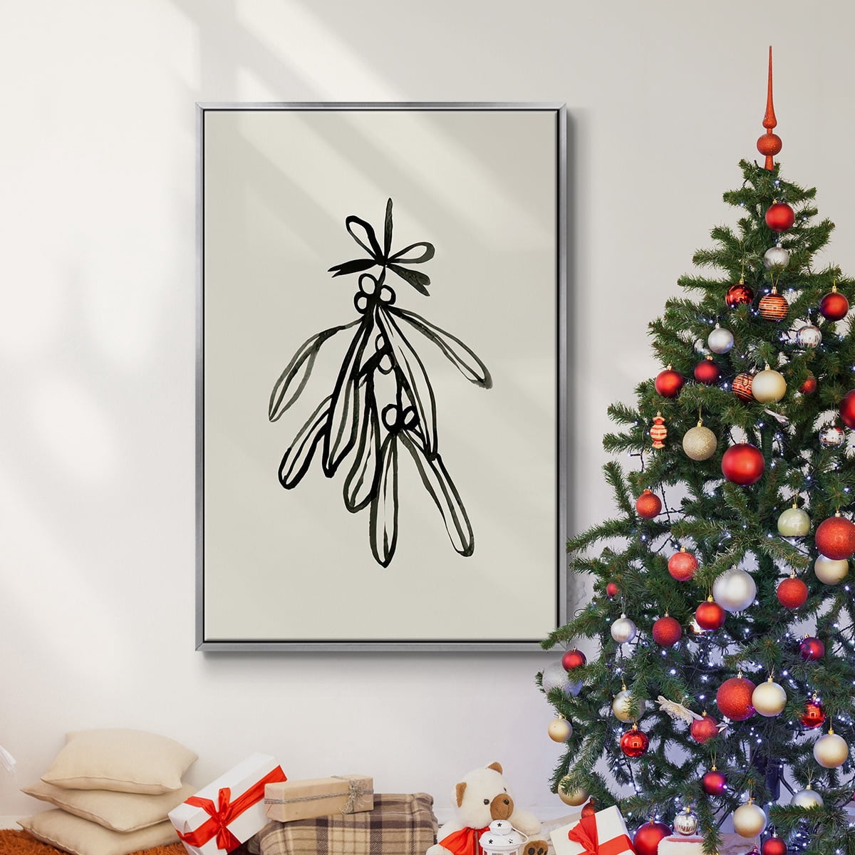Mistletoe Sketch with Bows II - Framed Gallery Wrapped Holiday Canvas - 17 x 25 - Silver Frame