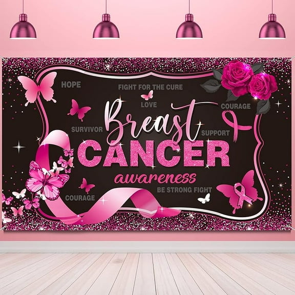 Breast Cancer Awareness Backdrop Decorations Banner, Pink Ribbon Hope Survivor Party for Photography Background Ribbon Walk Charity Party Supplies, 47 x 71 Inch(Black, Pink)