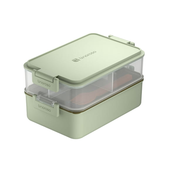 Linoroso 2 Stackable Leakproof Bento Lunch Box for Adults,  All-in-One Bento Box with Sauce Cups, Fork and Spoon - Pale Mint