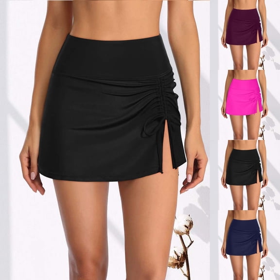 Bovxnpu Womens High Waisted Split Swim Skirt Sporty Drawstring Skirted Swim Bottom Women's Bikinis Color Hem Pleated Lace Up Piece Swimsuits Skirt Ladies Summer Swimwear Beach Vacation