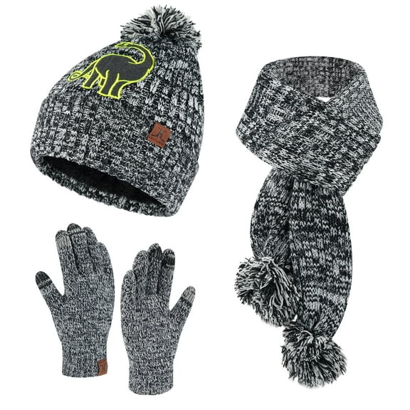 FZ FANTASTIC ZONE Kids Winter Warm Beanie Hats Long Scarf Touchscreen Gloves Cable Knit Set with Pompom Fleece Lined Skull Cap for 5-10 Years Old Boys Girls