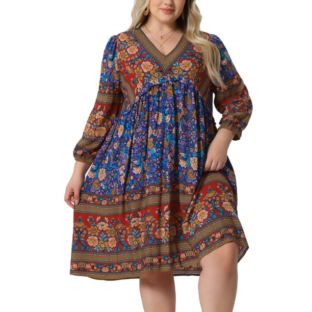 Vestido de verano plus size Agnes Orinda para mujeres, casual boho, floral, con cuello en V, manga 3/4, midi, corto, vestido de playa 1X rojo azul