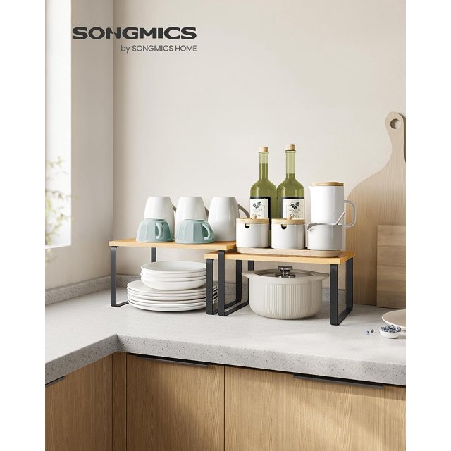 SONGMICS Estante para Especias, Juego de 2, Organizador de Armario, Especiero de Cocina Extensible, Negro y Natural