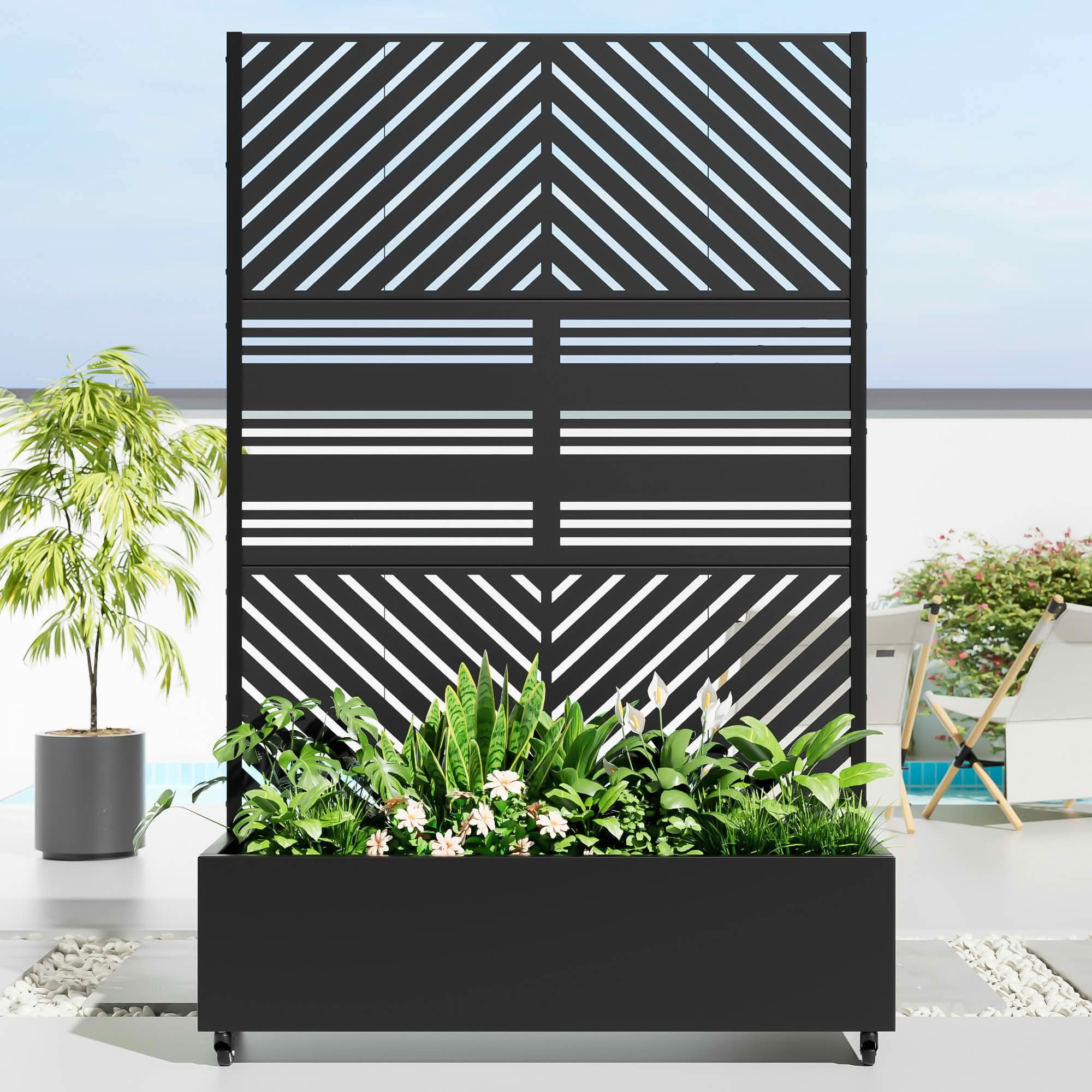 MAYEERTY 72x47x16 Inch Black Metal Planter Box with Trellis for Outdoor Garden & Patio