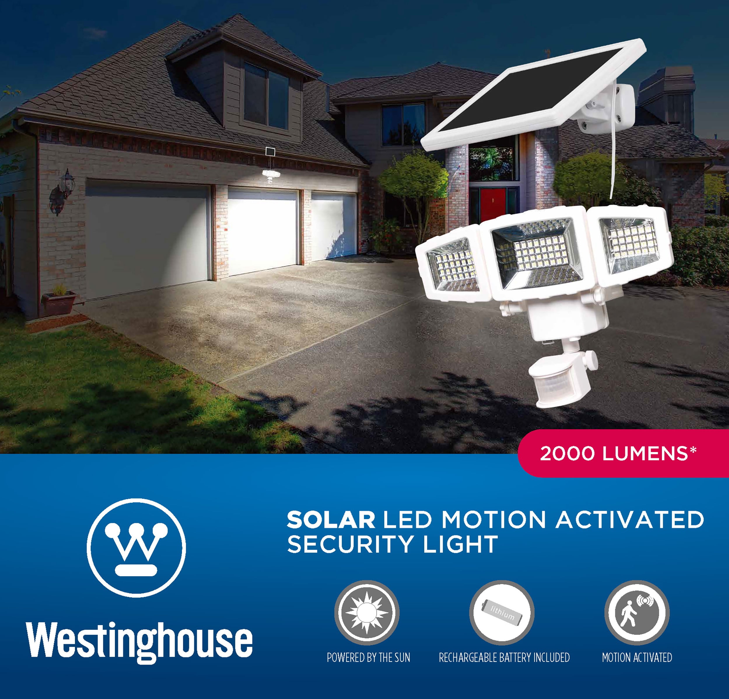 Westinghouse 2000 Lumen LED Triple Head Solar Security Light (White Finish), 55-Watt Equivalent