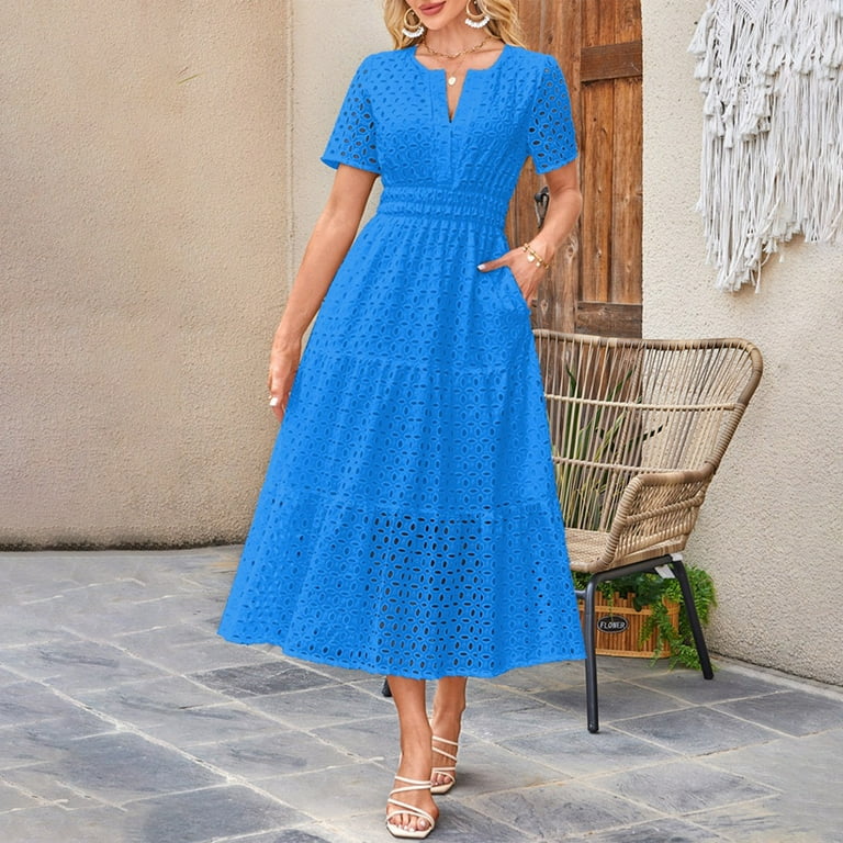 knee length dresses for ladies Marisol Blue and White Eyelet Midi Dress main image 1