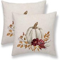 Fall Throw Pillow Covers 18x18 Set of 2, White Pumpkin and Maple Leaf Flower Pillow Covers Farmhouse Autumn Thanksgiving Cushion Cases Linen Decorative for Couch Sofa Indoor Outdoor